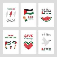 Free Palestine set of posters with lettering and simple hand drawn clipart of Gaza flag, watermelon slices, peace dove. Concept of support and stand with Palestine. Let Them Live, Save Humanity. vector