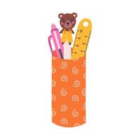 Cute hand drawn pencil cup with squiggle pattern in cartoon style. Stationery container with pen with bear, ruler, ballpoint pen. School holder case for office supplies. Back to school clipart. vector