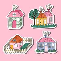 Set of stickers with cute hand drawn country house with window, chimney. Cozy village hutches with tree, fence, flowers. Exterior of home, village buildings, countryside home vector