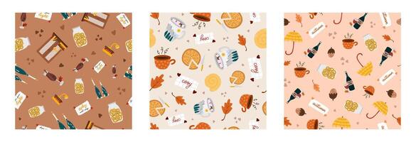 conjunto de acogedor y higge sin costura mano dibujado modelo con otoño garabatos de estacional ropa, comida y bebidas, decoración. linda fondo de pantalla impresión para tela diseño. creativo antecedentes con otoño clipart vector