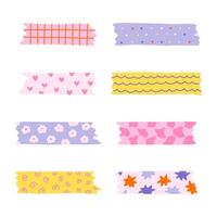 Cartoon set of washi tape stripes with squiggle, geometry and cute pattern. adhesive tapes with colorful hand drawn memphis ornament. Trendy decorative scotch tape with ragged edges. vector