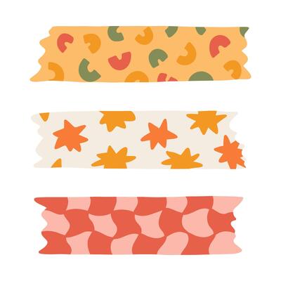 Cartoon set of washi tape stripes with squiggle, geometry and cute pattern. adhesive tapes with colorful hand drawn memphis ornament. Trendy decorative scotch tape with ragged edges.