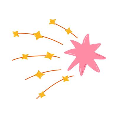 Cute hand drawn falling star with tail clipart in simple cartoon style. Sparkling magical star dust, comet shower. Astrology, astronomy, Christmas element. Universe shine, light, twinkling stardust.