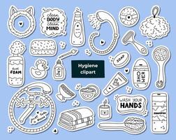 Big set of stickers with cute hygiene items, bathroom and shower accessories. Collection of hand drawn clipart with products for skincare, beauty and body care, self love in trendy doodlestyle. vector