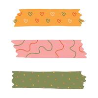 Cartoon set of washi tape stripes with squiggle, geometry and cute pattern. adhesive tapes with colorful hand drawn memphis ornament. Trendy decorative scotch tape with ragged edges. vector