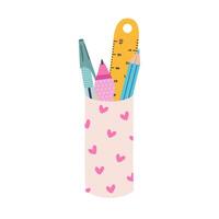 Cute hand drawn pencil cup with heart pattern in cartoon style. Stationery container with pencil, pen, ruler. School cup and holder case for office supplies. colorful back to school clipart. vector