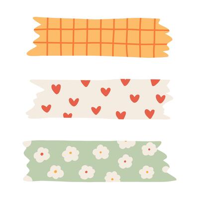 Cartoon set of washi tape stripes with squiggle, geometry and cute pattern. adhesive tapes with colorful hand drawn memphis ornament. Trendy decorative scotch tape with ragged edges.