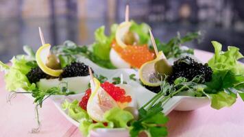 Stuffed eggs Red and black caviar on otvoren eggs in the form of boats with a lemon sail swirling on a plate serving showcase tasting fish seafood video