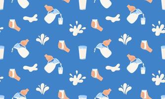 Seamless pattern with Milk. Milk glasses, decanter. Dairy drops and splash. World milk day. 1 June. National dairy month. illustration in flat hand drawn style vector