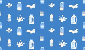 Seamless pattern with Milk. Milk in different packages, cardboard, bottle, milk box. Dairy drops and splash.World milk day. 1 June. National dairy month. illustration in flat hand drawn style vector