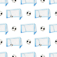 Watercolor pattern illustration of soccer goal and ball. Seamless repeating soccer sports print. Isolated. Drawn by hand. png