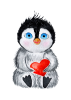 Watercolor illustration of a cute little penguin holding a red heart in his hands. Happy Valentine's Day, Wedding, romantic evening. Plush toy penguin with a heart. Isolated png