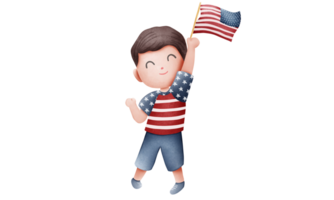 Cute American patriot boy in a 4th of July dressed, Hand holding a flag. png