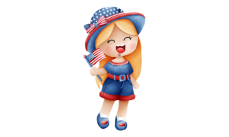 Cute American patriot girl in a 4th of July dressed, Hand holding a flag. png