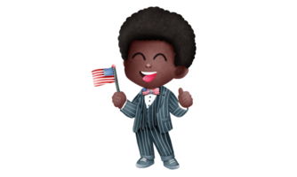 Cute American patriot boy in a 4th of July dressed, Hand holding a flag. png