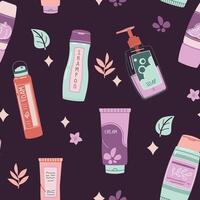 sin costura modelo con botellas de cosmético productos crema, loción, suero para cara y cuerpo. personal cuidado, higiene. plano ilustración para textura, fondo, fondo de pantalla, tela vector