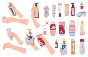 Set of various bottles on an isolated background. Hands holding cream, lotion, oil, shampoo for personal care. Beauty products for face and body skin care vector