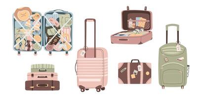 Set of travel suitcases in flat style. Open Bags for tourism. illustration of luggage and travel items on a white background. Let's travel vector