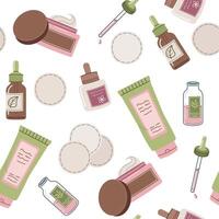 Seamless pattern with creams, lotions, serums for face and body skin. Morning hygiene procedures. flat illustration for fabric, texture, wallpaper, etc. vector