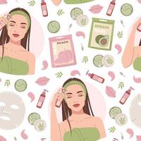 Seamless pattern with beautiful girl face mask, creams. Beauty products for moisturizing and caring for facial skin. Morning hygiene procedures. flat illustration vector