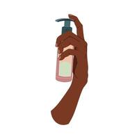 Dark skin hand holding a bottle of gel. Skin care. Sun protection, skin care for hands, face and body. flat illustration on isolated background vector