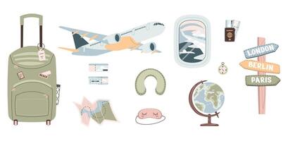 Set with travel items. Adventure Time. Luggage, bag, airplane, globe and travel items on isolated background vector