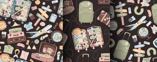 Set of seamless pattern with tourist items, luggage, tickets and plane. Travel time, summer vacation. Endless texture about trip and flight. Flat illustration vector