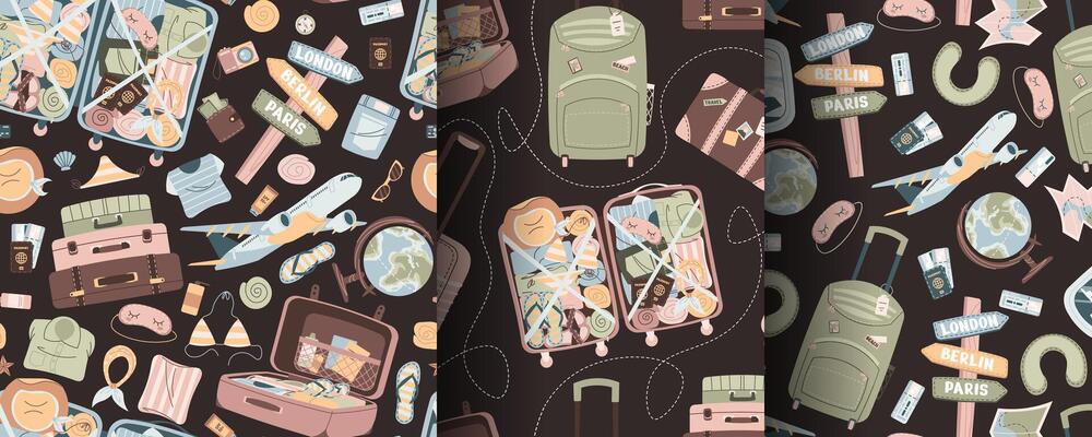 Set of seamless pattern with tourist items, luggage, tickets and plane. Travel time, summer vacation. Endless texture about trip and flight. Flat illustration