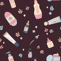 sin costura modelo con botellas de cosmético productos crema, loción, suero para cara y cuerpo. personal cuidado, higiene. plano ilustración para textura, fondo, fondo de pantalla, tela vector