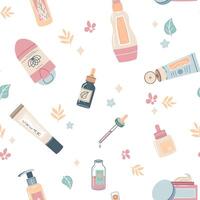 sin costura modelo con botellas de cosmético productos crema, loción, suero para cara y cuerpo. personal cuidado, higiene. plano ilustración para textura, fondo, fondo de pantalla, tela vector