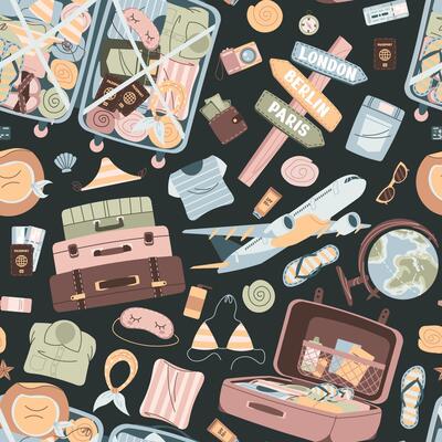 Seamless pattern with tourist items, luggage, tickets and plane. Travel time, summer vacation. Endless texture about trip and flight. Flat illustration