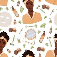 Seamless pattern with a black girl and cosmetics, moisturizing mask. Beauty products for moisturizing and caring for facial skin. Morning hygiene procedures. Gua sha massage. flat vector
