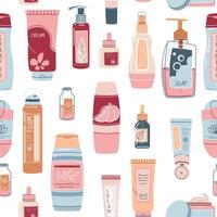 Seamless pattern with bottles of cosmetic products. Shampoo, cream, soap for face and body. Personal care, hygiene. flat illustration for texture, background, wallpaper, fabric vector