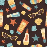 Seamless pattern with sunscreen and seashells. SPF protection for skin from the sun. Summer endless texture. Great for texture, background, wallpaper, scrapbooking. vector