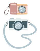 Set of illustrations of a camera on a white background. Equipment for traveling around the world. Hand drawn. Colorful flat illustration vector