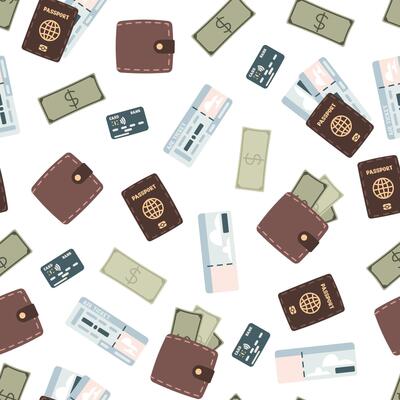 Seamless pattern with plane tickets, passport and money. Endless background with travel documents. Travel around the world, adventure. Great for wallpaper, scrapbooking, fabric