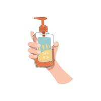 Hand holding sunscreen. Skin care. Protection from the sun and sun rays, healthy skin, even tan. flat illustration on isolated background. vector