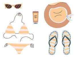 cosas para relajante en el playa. bikini, sombrero, protector solar, anteojos, zapatillas. verano vacaciones, playa, viaje alrededor el mundo. mano dibujado. vistoso plano ilustración vector