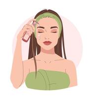 hermosa niña aplica un belleza producto a su rostro. piel cuidado. facial cuidado productos cosméticos. plano ilustración en aislado antecedentes. vector