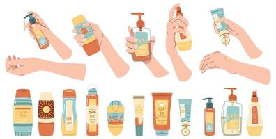 Set of sunscreen on isolated background. Hands holding cream, lotion, oil to protect skin from elephant. Beauty products for face and body skin care with SPF protection. vector