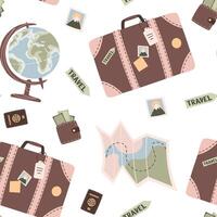 Seamless pattern with travel items. Endless background with suitcase, compass map. Travel around the world, adventure. Great for wallpaper, scrapbooking, fabric vector