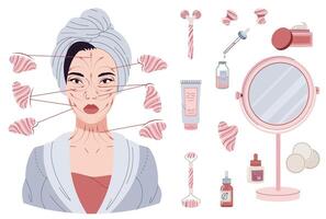 Scheme of gua sha massage on asian girl and beauty items on isolated background. Relaxing, firming massage for face and body. Beauty products, skin care. flat illustration vector