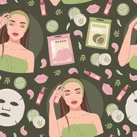 Seamless pattern with beautiful girl face mask, creams. Beauty products for moisturizing and caring for facial skin. Morning hygiene procedures. flat illustration vector
