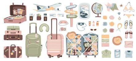 Travel illustration set. Travel and adventure tourism, trips abroad, summer holidays. Hand drawn illustration in flat style. Ideal for sticker kit, scrapbooking, posters, tags vector