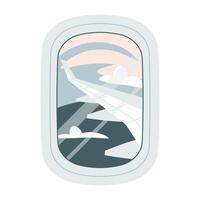 View from the airplane window. Beautiful view of the wing and sky. Vacation, travel around the world. Hand drawn. Colorful flat illustration vector