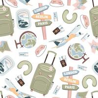 Seamless pattern with tourist items. Endless background with luggage, airplane, travel things. Travel around the world, adventure. Great for wallpaper, scrapbooking, fabric vector