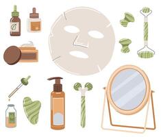 conjunto de belleza productos para facial cuidado. piel cuidado. hidratante crema, loción, mascarilla, gua sha masajeador plano ilustración vector