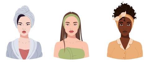 conjunto de retratos de varios chicas. asiático, europeo, africano americano mujer en el baño. inclusión y diversidad. hermosa muchachas cuidados personales, disposición. vector