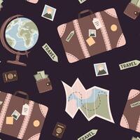 Seamless pattern with travel items. Endless background with suitcase, compass map. Travel around the world, adventure. Great for wallpaper, scrapbooking, fabric vector