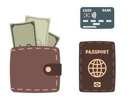 pasaporte, billetera con dinero y banco tarjeta en un aislado antecedentes. vacaciones, viaje alrededor el mundo, aventura. dibujado a mano en de moda estilo. vistoso plano ilustración vector